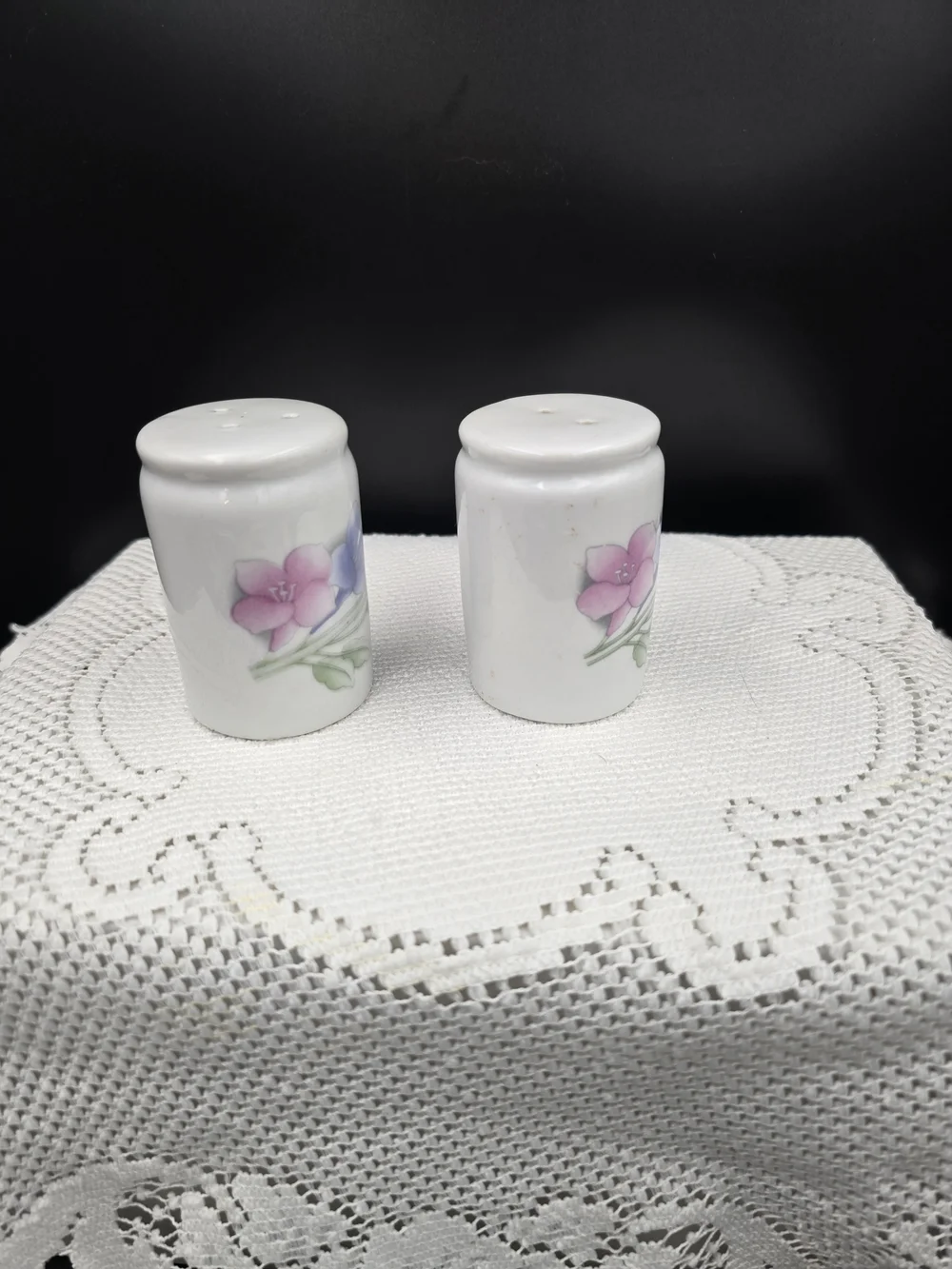 Porcelain Floral Salt and Pepper Shakers - White with Pink & Lavender Flowers
